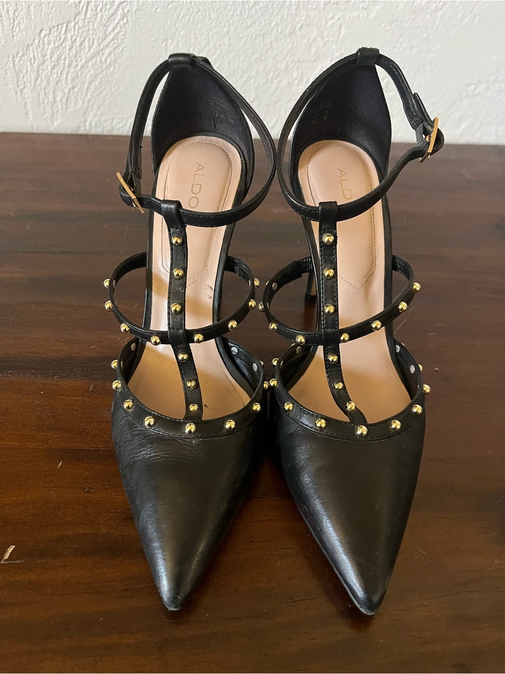Aldo Black Pointed T-Strap Heels with Gold Stud Accents